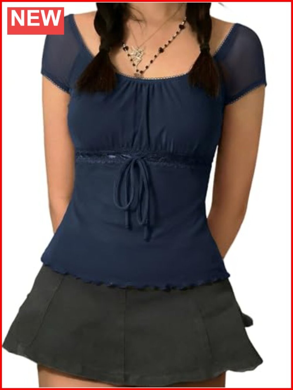 EMMIOL Y2K Mesh Babydoll Top Stretchy Short Sleeve Lace Trim